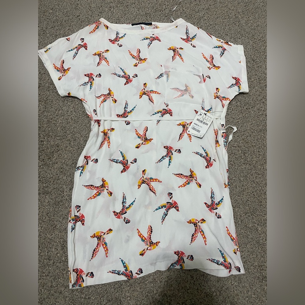NWT Zara White Bird Tropical Resort Boho Belted Pocket White Dolman Mini Dress M